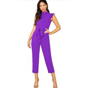 NEW Sleeveless Mock Neck Ruffle Trim Cropped Jumpsuit S NO BELT